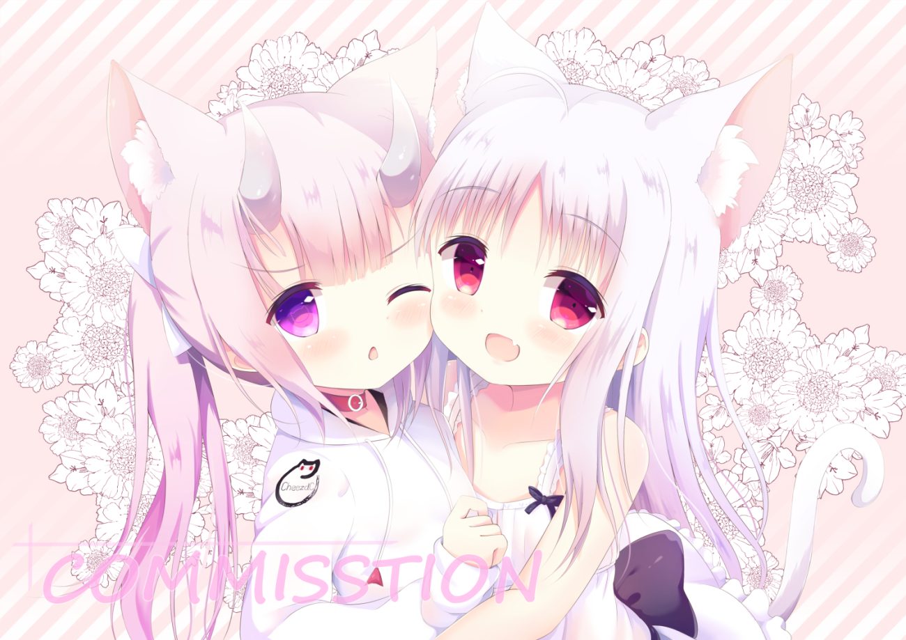 2girls animal ears catgirl collar fang flat chest flowers hood horns loli original pink hair purple eyes red eyes re-vivi tail twintails white hair wink