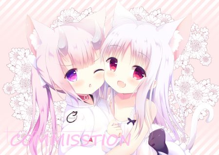 2girls animal ears catgirl collar fang flat chest flowers hood horns loli original pink hair purple eyes red eyes re-vivi tail twintails white hair wink