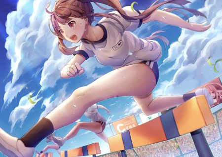bloomers brown eyes brown hair chariot.f clouds gym uniform long hair original ponytail sky socks sport