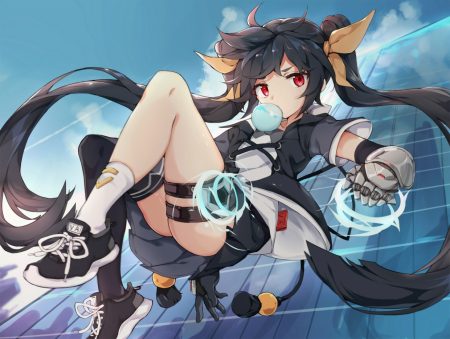 animal ears black hair garter gloves long hair original red eyes skirt thighhighs twintails user nexz2257
