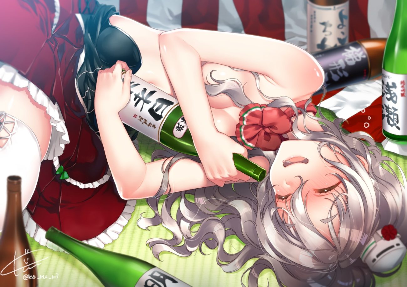anthropomorphism blush breasts dress drink gray hair hat kantai collection koruri long hair no bra pola (kancolle) sake signed sleeping thighhighs
