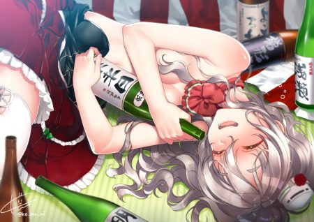 anthropomorphism blush breasts dress drink gray hair hat kantai collection koruri long hair no bra pola (kancolle) sake signed sleeping thighhighs
