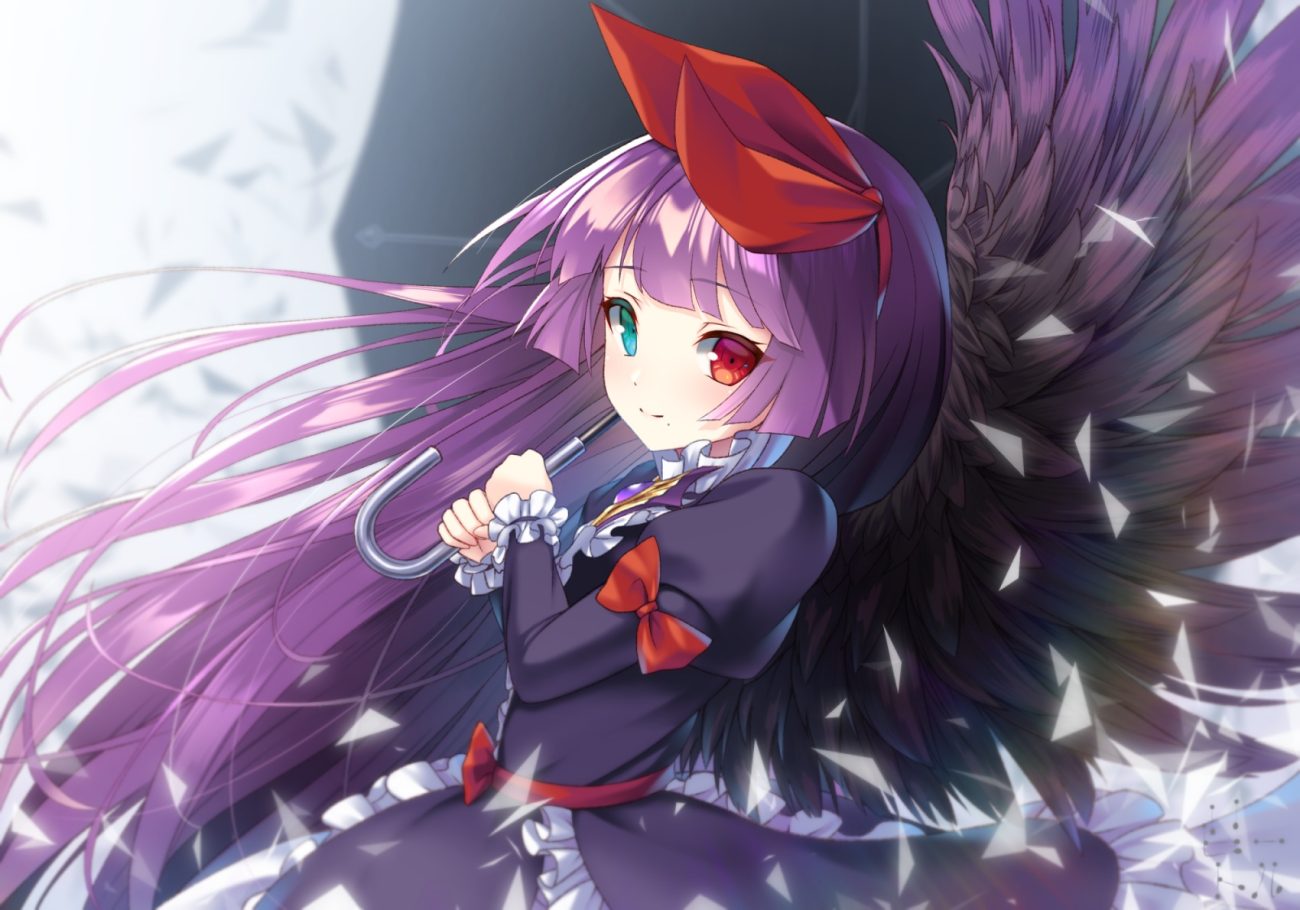 amduscias (megido72) bettle (b s a n) bicolored eyes bow goth-loli headband lolita fashion long hair megido72 purple hair signed umbrella wings
