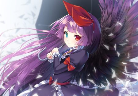 amduscias (megido72) bettle (b s a n) bicolored eyes bow goth-loli headband lolita fashion long hair megido72 purple hair signed umbrella wings