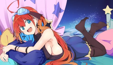 aqua eyes bed breasts cielart fang goggles kazenoko long hair orange hair pantyhose sideboob skirt tadase ciel wristwear