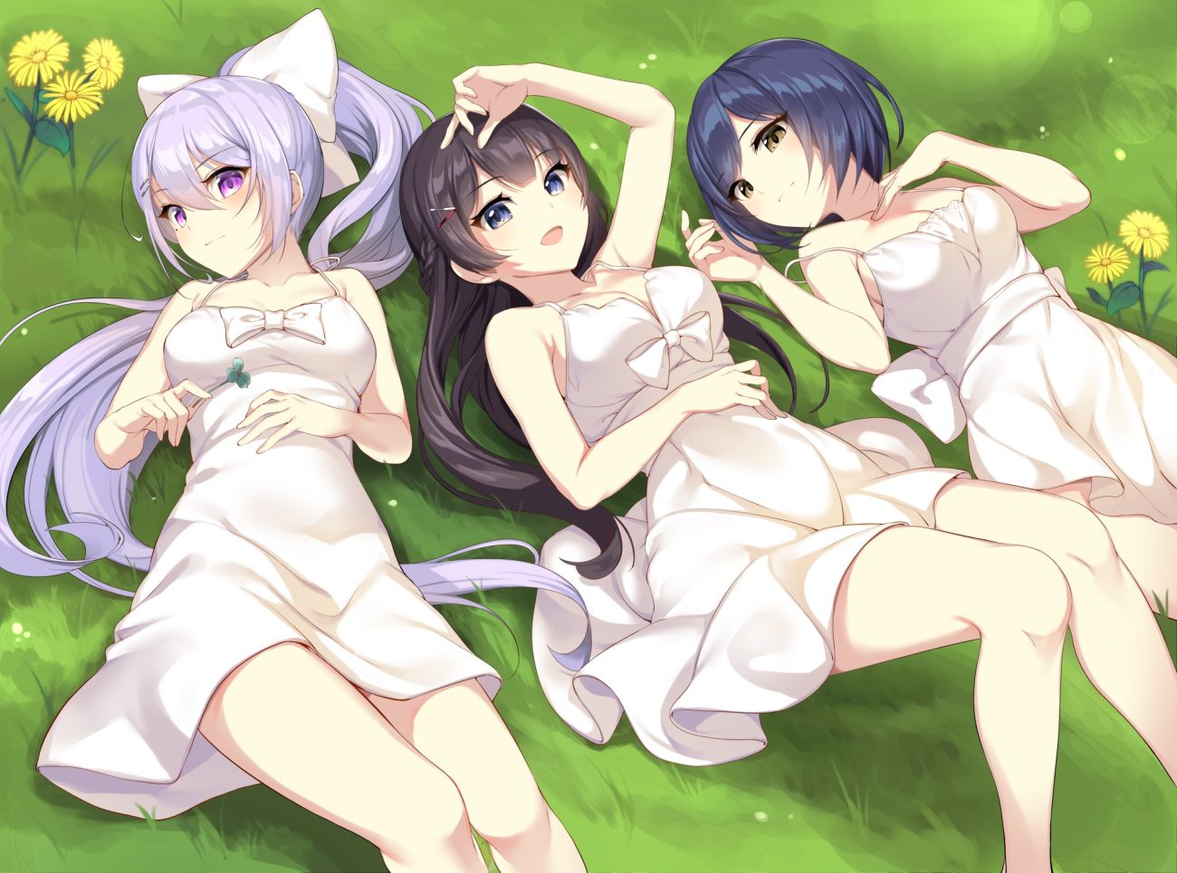 black hair blue eyes blue hair bow braids breasts brown eyes cleavage dress flowers grass gray hair green higuchi kaede ikomochi long hair nijisanji ponytail purple eyes shizuka rin short hair summer dress tsukino mito