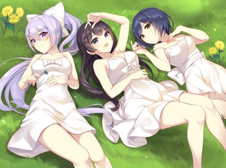 black hair blue eyes blue hair bow braids breasts brown eyes cleavage dress flowers grass gray hair green higuchi kaede ikomochi long hair nijisanji ponytail purple eyes shizuka rin short hair summer dress tsukino mito
