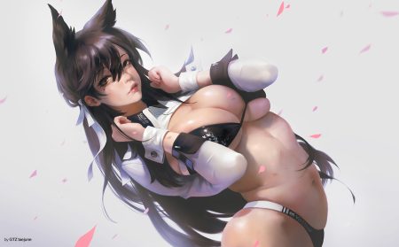 animal ears anthropomorphism atago (azur lane) azur lane bikini breast hold breasts brown hair cleavage foxgirl g-tz long hair navel orange eyes swimsuit underboob watermark wristwear