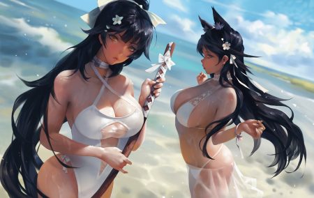 2girls animal ears anthropomorphism atago (azur lane) azur lane beach bikini black hair bow breasts choker cleavage clouds foxgirl g-tz long hair orange eyes ponytail see through sky swimsuit sword takao (azur lane) water weapon wet wristwear