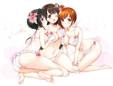 ass barefoot bikini black hair blush breasts brown eyes brown hair cleavage idolmaster idolmaster cinderella girls igarashi kyouko kohinata miho kurimomo long hair navel orange hair shimamura uzuki short hair stars swimsuit underboob white wristwear yellow eyes