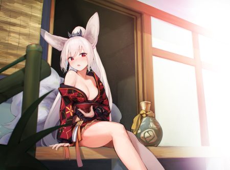 animal ears blade & soul blush breasts cleavage drink foxgirl japanese clothes kimono long hair lyn (blade & soul) multiple tails no bra ponytail red eyes sake shk955 tail tears white hair