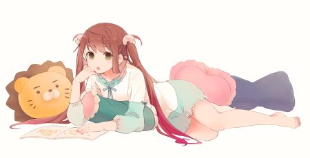 anthropomorphism asagumo (kancolle) barefoot book brown hair green eyes kantai collection long hair shakemi (sake mgmgmg) skirt twintails white