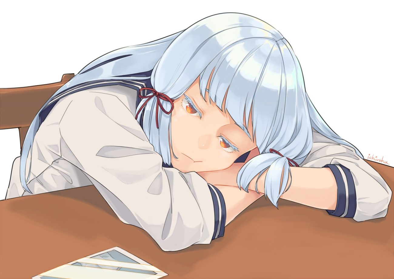 anthropomorphism gray hair kantai collection long hair murakumo (kancolle) orange eyes school uniform signed ueno (sakumogu-029)