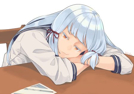 anthropomorphism gray hair kantai collection long hair murakumo (kancolle) orange eyes school uniform signed ueno (sakumogu-029)