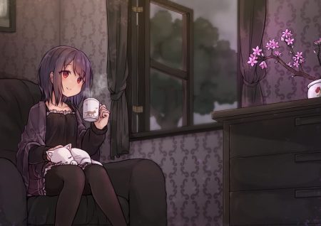 animal black hair cat clouds drink flowers maka neko original pantyhose red eyes short hair skirt sky tree