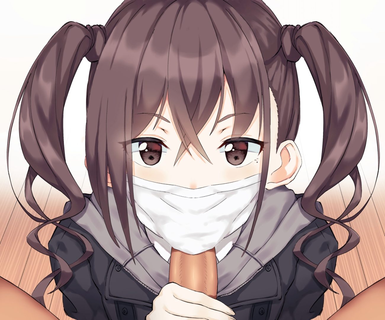 brown eyes brown hair close eruron fellatio hood idolmaster idolmaster cinderella girls long hair mask penis sunazuka akira twintails waifu2x