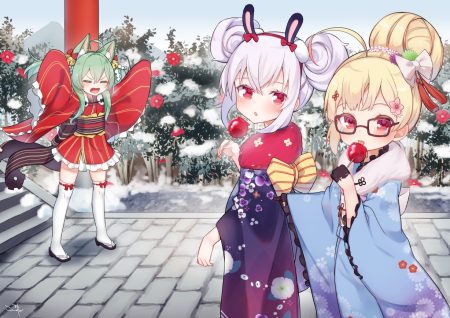 akashi (azur lane) animal ears anthropomorphism apple azur lane bell blonde hair candy catgirl cat smile eldridge (azur lane) fang flowers food fruit glasses green hair japanese clothes kimono koko ne laffey (azur lane) loli red eyes signed snow stairs thighhighs white hair winter zettai ryouiki