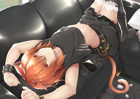 animal ears boots brown hair catgirl couch kana616 navel original phone red eyes skirt tail thighhighs wristwear
