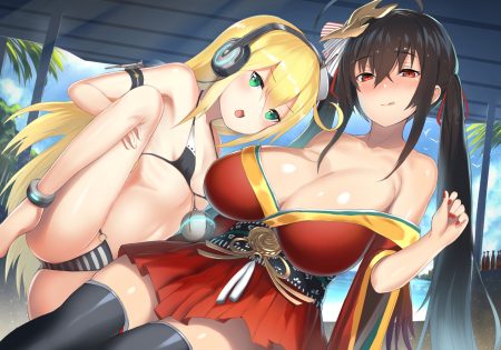 2girls albacore (azur lane) anthropomorphism azur lane barefoot beach bikini black hair blonde hair blush breasts cleavage clouds fang flat chest green eyes headphones japanese clothes kimono long hair mask red eyes sky swimsuit taihou (azur lane) thighhighs twintails unizou water zettai ryouiki