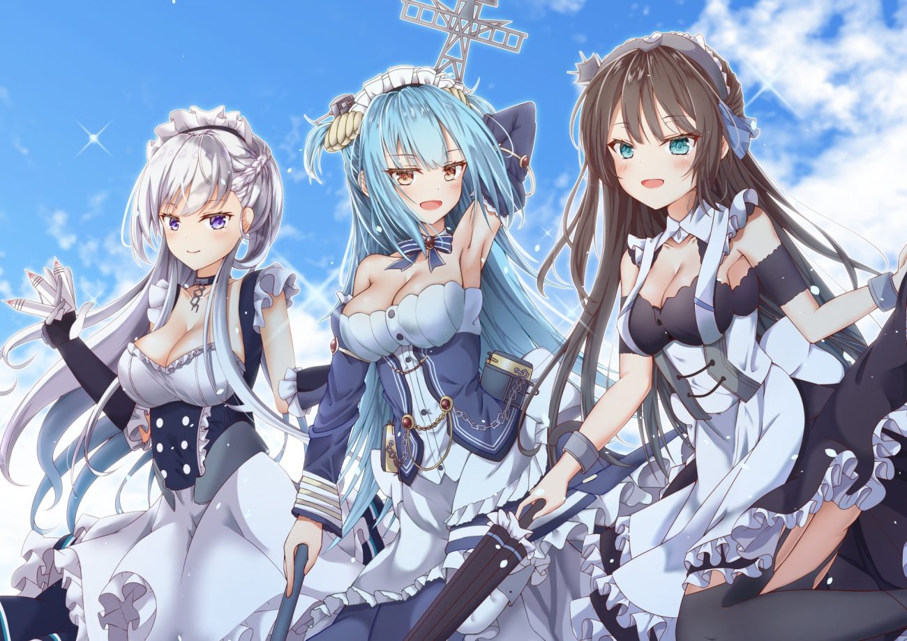 anthropomorphism apron aqua eyes azur lane belfast (azur lane) blue eyes blush braids breasts brown eyes brown hair cleavage clouds collar dress garter belt gray hair green eyes headdress loli ta1582 long hair maid neptune (azur lane) newcastle (azur lane) sky thighhighs umbrella wristwear