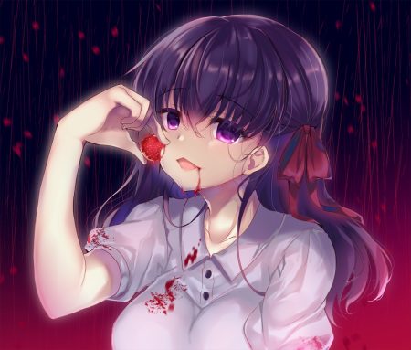 breasts fate (series) fate/stay night food fruit gradient long hair matou sakura purple purple eyes purple hair rain ribbons strawberry suzune rena water