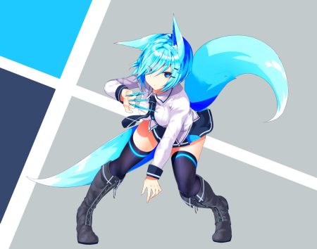 animal ears aqua eyes aqua hair boots breasts foxgirl knife korigitsune multiple tails original school uniform short hair skirt tail thighhighs tie weapon