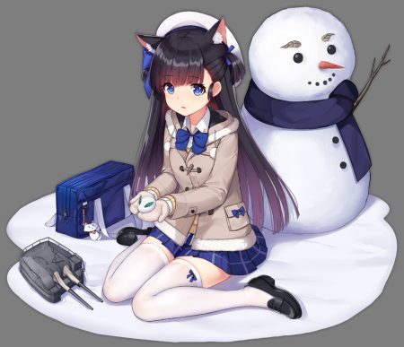 allenes animal ears anthropomorphism azur lane black hair blue eyes bow catgirl gloves hat hatsuharu (azur lane) hood long hair scarf school uniform skirt snow snowman thighhighs transparent