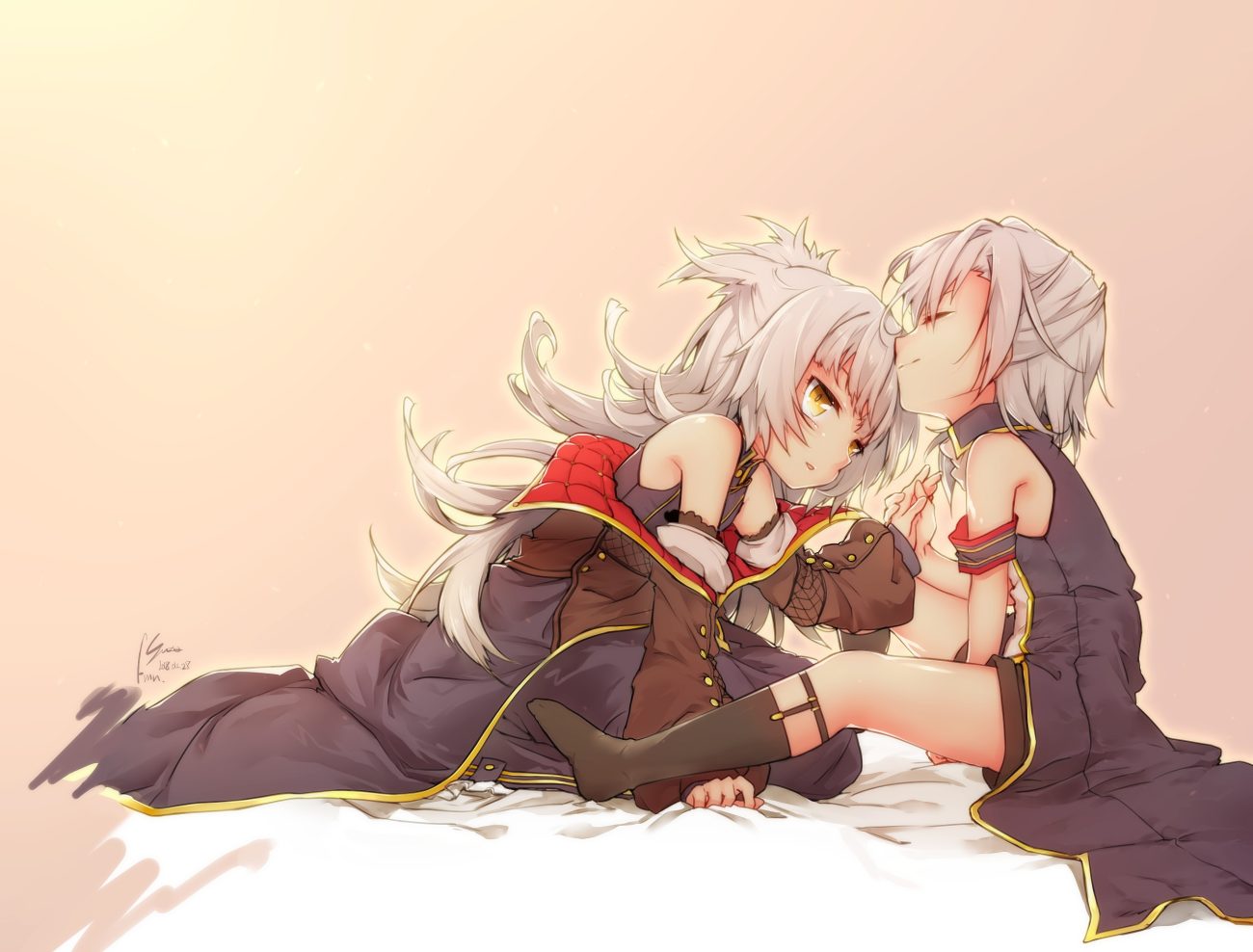 2girls anthropomorphism azur lane garter gradient gray hair kneehighs kusibu yt long hair pink short hair shorts shoujo ai signed yellow eyes z1 (azur lane) z46 (azur lane)