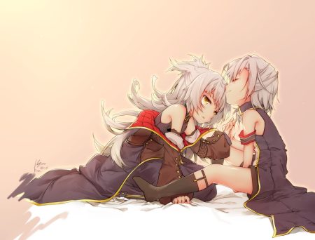 2girls anthropomorphism azur lane garter gradient gray hair kneehighs kusibu yt long hair pink short hair shorts shoujo ai signed yellow eyes z1 (azur lane) z46 (azur lane)