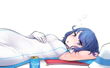 blue eyes blue hair dress drink gloves hat short hair suntory suntory nomu twilightrain waifu2x white