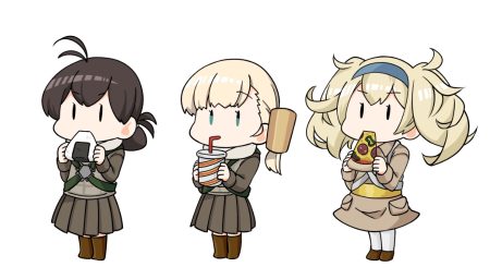 anthropomorphism black eyes black hair blonde hair blue eyes boots drink fairy (kancolle) food fujinoki (horonabe-ken) gambier bay (kancolle) headband kantai collection kasuga maru (kancolle) long hair pantyhose pizza ponytail short hair skirt twintails uniform waifu2x white