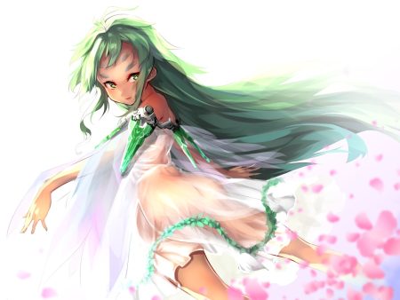 ass beatless dark skin dress green eyes green hair long hair nopan petals see through snowdrop usuki (graygreed) wings