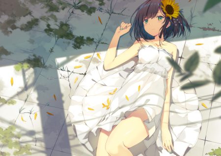 ashima (roro046) brown hair dress flowers green eyes original petals short hair summer dress