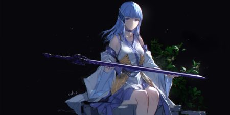 aqua eyes aqua hair black long hair signed sketch skirt swd3e2 sword weapon