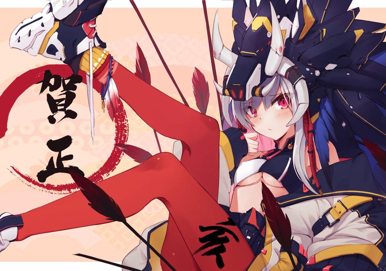 breasts erect nipples feathers gray hair headdress horns long hair no bra original pantyhose pink eyes ranyu underboob