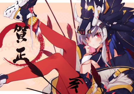 breasts erect nipples feathers gray hair headdress horns long hair no bra original pantyhose pink eyes ranyu underboob