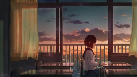 brown hair building city clouds flowers original reflection scenic school uniform short hair signed skirt sky sugi87 sunset tears