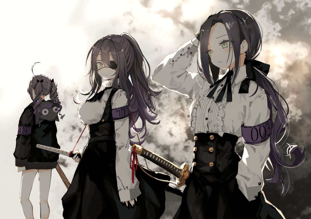 black hair eyepatch green eyes hood katana long hair naruwe original ponytail sword twintails weapon