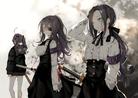 black hair eyepatch green eyes hood katana long hair naruwe original ponytail sword twintails weapon