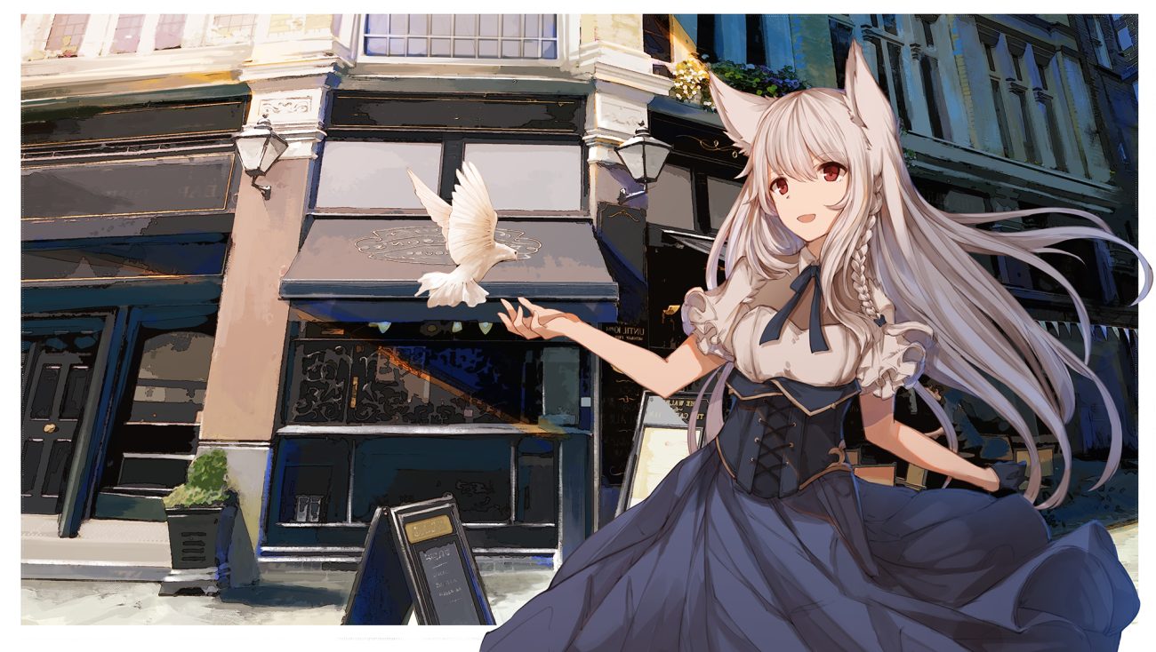 animal animal ears bird braids corset gloves gray hair long hair original red eyes ribbons sagiri (ulpha220)