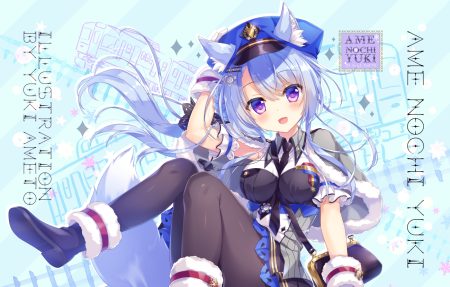 ameto yuki animal ears blue hair cape foxgirl hat kitsune-san (ameto yuki) long hair original pantyhose purple eyes uniform watermark