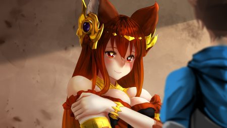 animal ears anthuria (granblue fantasy) blush braco breast hold breasts cleavage granblue fantasy headdress long hair male red eyes red hair wristwear