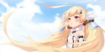 anthropomorphism azur lane blonde hair breasts clouds eldridge (azur lane) loli long hair pnt (ddnu4555) red eyes sideboob sky tattoo twintails