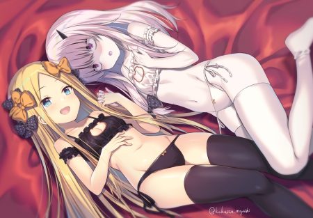 2girls abigail williams (fate/grand order) aqua eyes blonde hair bow bra fate/grand order fate (series) flat chest horns kokusan moyashi lavinia whateley loli long hair navel panties purple eyes purple hair signed thighhighs underwear