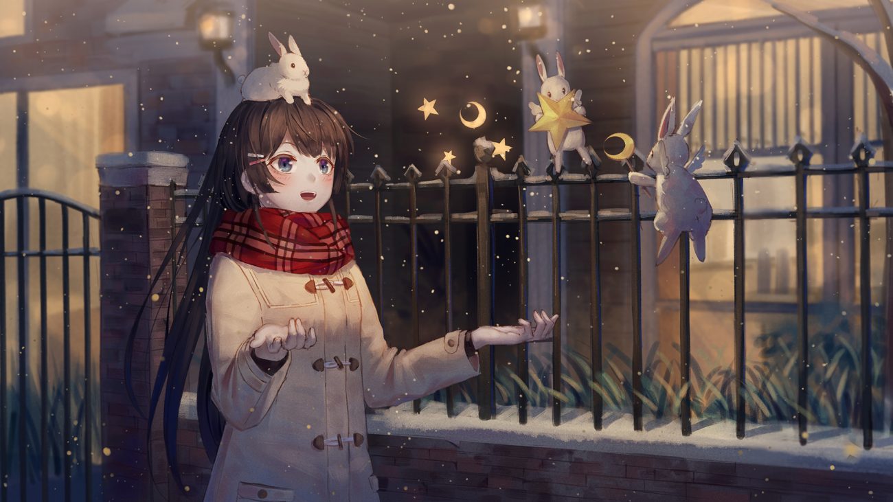 animal blue eyes blush brown hair ji dao ji long hair nijisanji rabbit scarf snow tsukino mito
