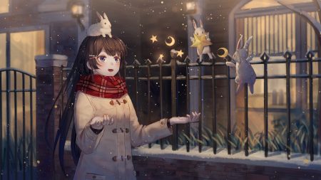 animal blue eyes blush brown hair ji dao ji long hair nijisanji rabbit scarf snow tsukino mito