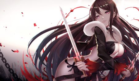 breasts brown hair consort yu (fate) cotton fate/grand order fate (series) gradient long hair pink eyes sword weapon