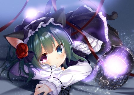 animal ears bicolored eyes blush cage catgirl goth-loli green hair headdress lolita fashion original ribbons tail umeko machi