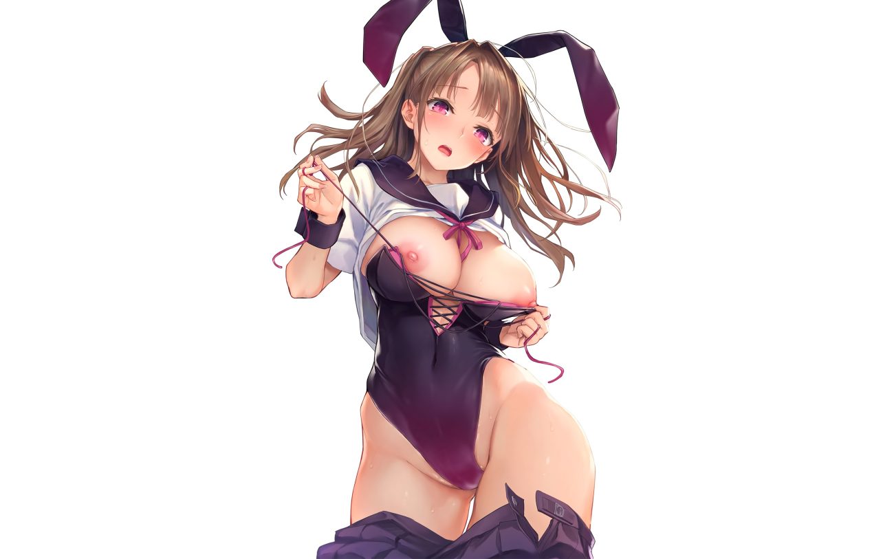 animal ears blush breasts brown hair bunny ears bunnygirl leotard michiking nipples purple eyes third-party edit undressing white