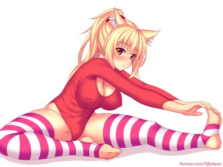 animal ears blonde hair blush breasts catgirl cleavage erect nipples fast-runner-2024 leotard orange eyes original ponytail thighhighs tiffy watermark